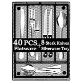 LIANYU 40-Piece Silverware Set with 8 Steak Knives, Silverware Utensil Drawer Organizer, Stainless Steel Cutlery Flatware Eating Utensils Set Service for 8, Dishwasher Safe, Mirror Polished