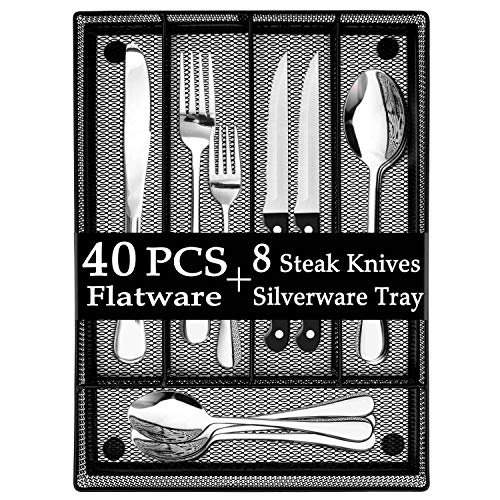 LIANYU 40-Piece Silverware Set with 8 Steak Knives, Silverware Utensil Drawer Organizer, Stainless Steel Cutlery Flatware Eating Utensils Set Service for 8, Dishwasher Safe, Mirror Polished