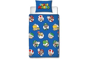 Character World Nintendo Super Mario Official Single Duvet Cover Set, Continue Design | Blue Reversible 2 Sided Bedding Cover Official Merchandise Including Matching Pillow Case