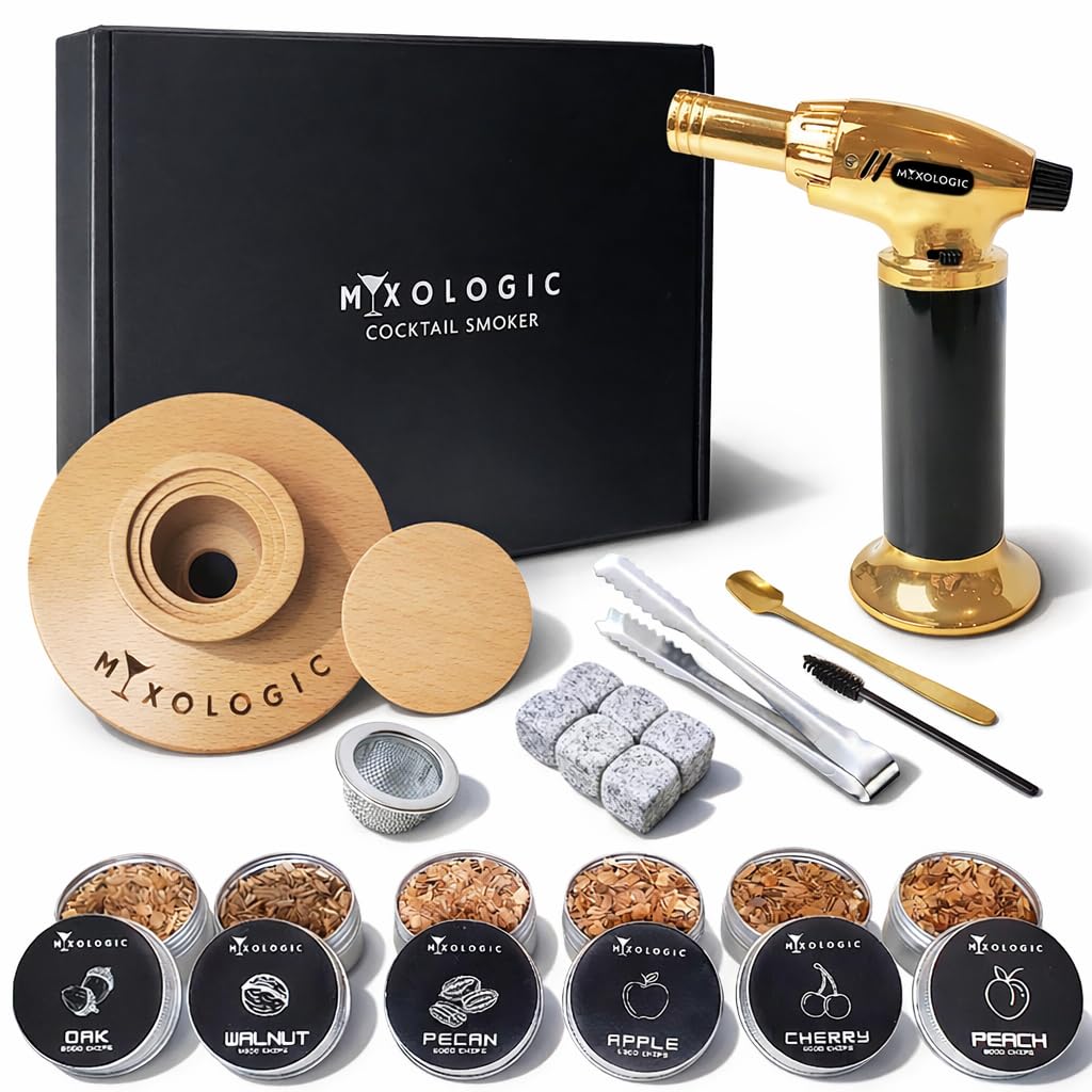 MIXOLOGIC Whiskey Smoker Kit with Torch, 6 Wood Chips, Ice Stones & Accessories, Old Fashioned Whisky Set, Cocktail Smoker for Drinks, Bourbon Infuser, Men Gift, Husband, Dad (No Butane)