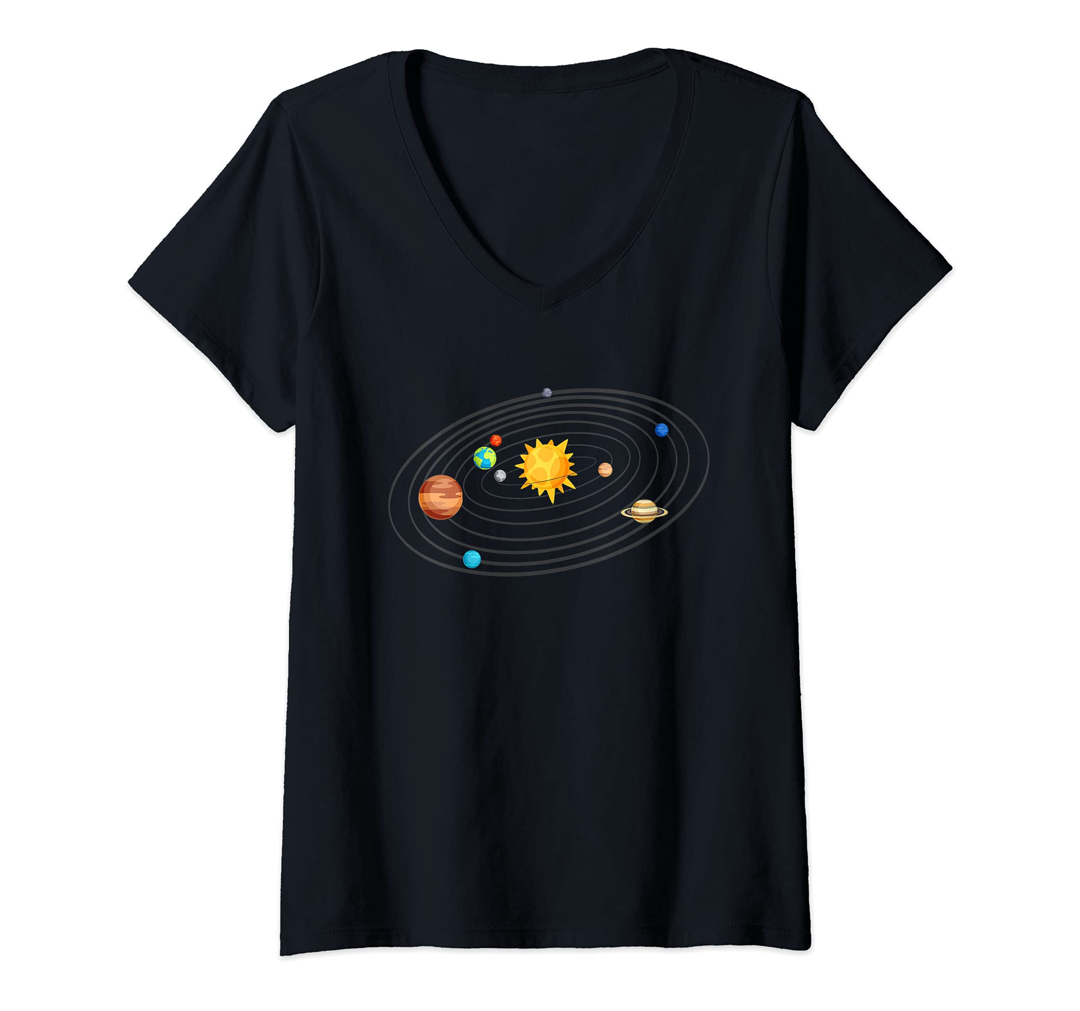 Womens Solar System Planets Orbit Universe Galaxy Astronomy V-Neck T-Shirt