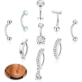 Vegolita 14G 9Pcs Surgical Steel Petite Belly Ring for Women Shiny CZ Clicker Belly Button Ring Hypoallergenic Curved Barbell Navel Ring Simple Floating Belly Piercing Jewelry Pack