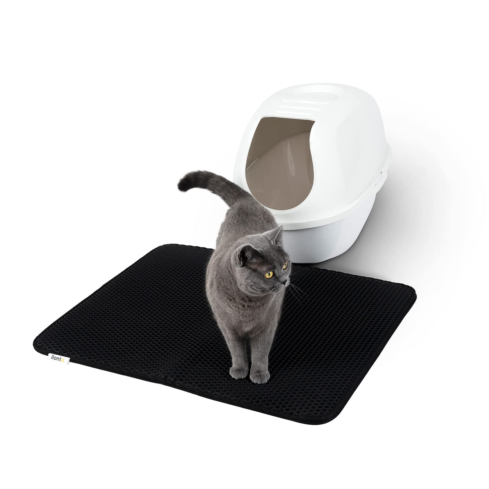 lionto Cat litter mat for litter tray with non-slip coating, 76x61x1,3 cm, cat toilet mat waterproof & easy to clean, effective absorption of cat litter in honeycomb design, black