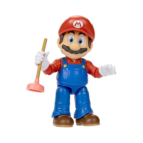 Nintendo 5”/ 12.5cm Mario Action Figure with 16 Points of Articulation and Realistic Acrylic Eyes. Includes Plunger Accessory Inspired by the Movie for Kids and Collectors.
