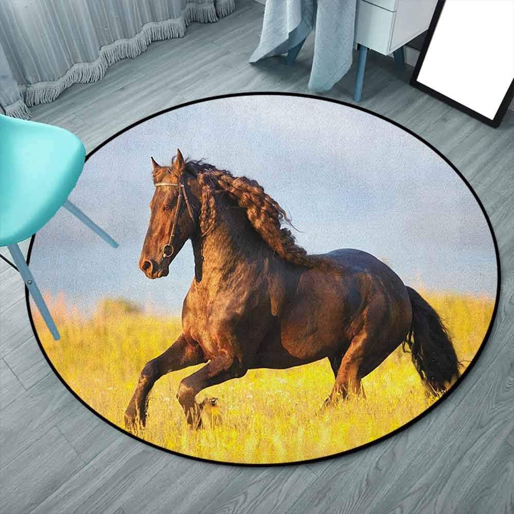 Horses Modern Contemporary Area Rug 4'7" Round, Yellow Brown Blue