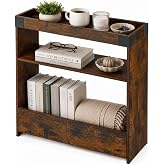 ZEXVIDA Narrow Side Table, 8" Slim End Table with Tray Top, Rustic Brown | Farmhouse Side Table with Magazine Rack for Small Spaces, Skinny Sofa Couch End Table for Living Room Nightstand for Bedroom