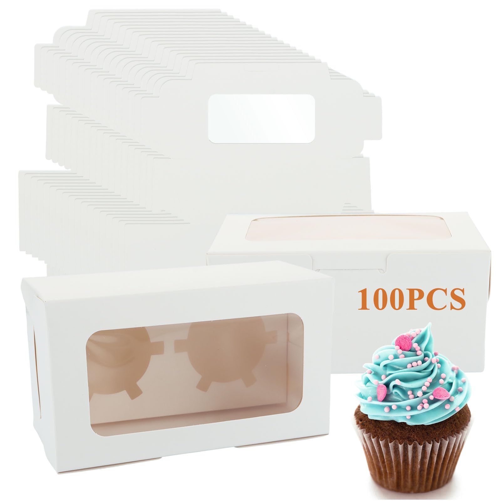 SHUESS 100 Pack Cupcake Boxes 2 Hole with Clear Window - White Cup Cake Boxes - 16 x 9 x 7.5 cm Dessert Box with Removable Inserts, Ideal for Cakes, Cupcakes, Muffins, Pies, Pastries, and Doughnuts