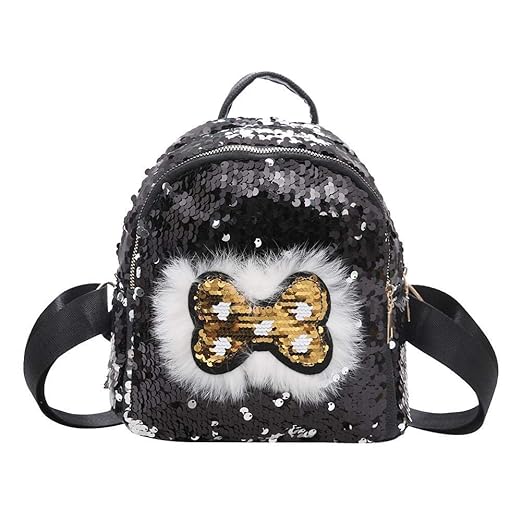 BEBIG Backpack,Sequin Bowknot Girl Shoulder Bag Women Glitter Backpack Travel Bags -Black