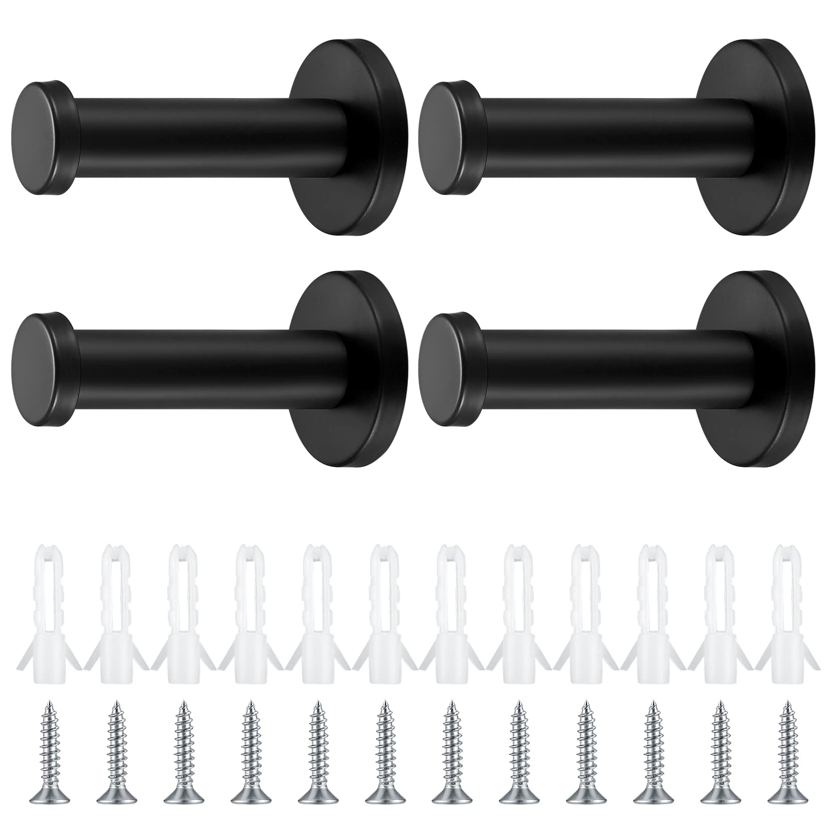 4 Pcs Round Black Coat Hooks, Stainless Steel Towel Hooks, Wall-Mounted Metal Wardrobe Hooks, Robe Hooks with Screws for Bathroom Kitchen Bedroom - 70mm/2.75inch