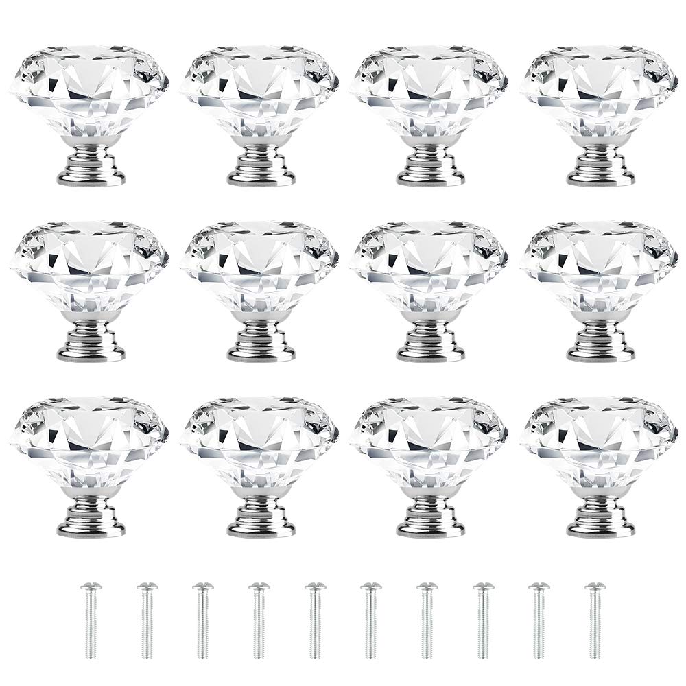 [12 PCS] 30mm Crystal Clear Glass Cabinet Drawer Pulls, Attom Tech Diamond Shape Cupboard Knobs with Screws for Kitchen, Dresser, Cupboard, Bathroom, Wardrobe (1.2 inch / 30 mm)