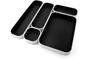Three by Three Seattle 5 Piece Metal Organizer Tray Set for Storing Makeup, Stationery, Utensils, and More in Office Desk, Kitchen and Bathroom Drawers (1 Inch, Black)