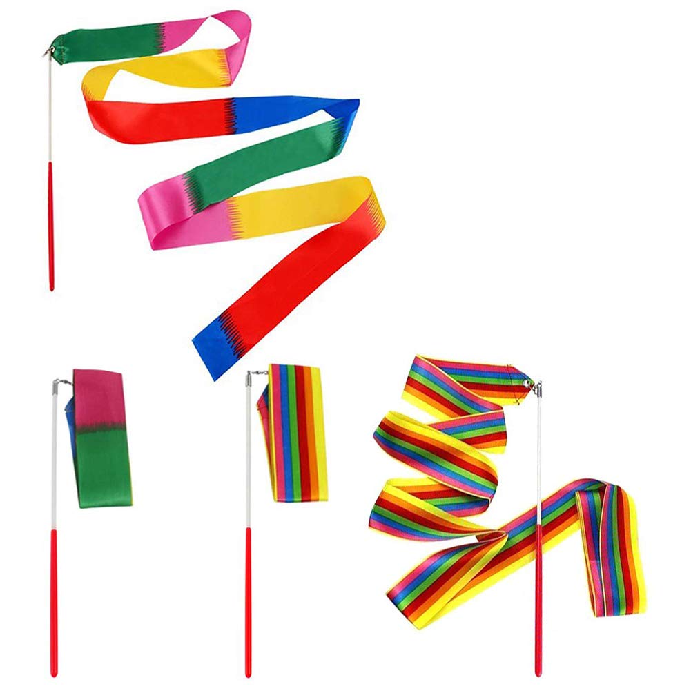 Rainbow Colourful Dance Ribbons, 2 Pieces INTVN Streamers Rhythmic Gymnastics Ribbon with Wands for Kids Artistic Dancing, Baton Twirling