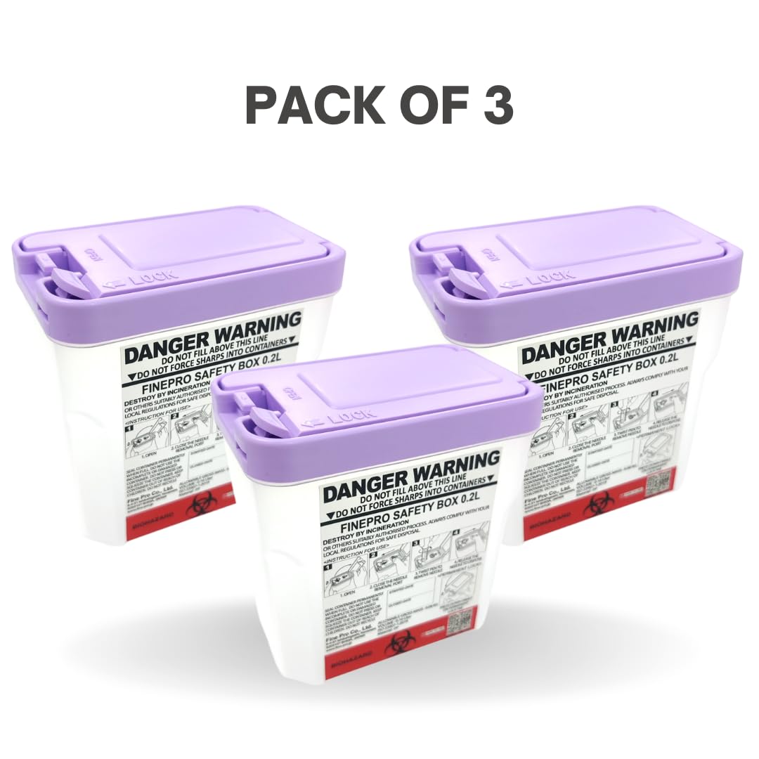 FINEPRO 0.2L Size Portable Pen-Needle Disposal Container [Pack of 3] Diabetes Care (0.2L, Purple+Clear, 3)