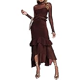 Aisbei Women's Elegant Bodycon Maxi Dress Mock Neck Long Sleeve Ruffle Mesh Party Cocktail Formal Wedding Guest Dresses