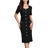 Allegra K Work Dress for Women Short Sleeve Square Neck Button Down Business Bodycon Office Dresses with Belt