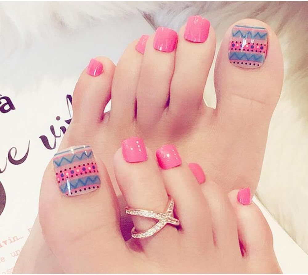 MENILITHS 24 PCS Pink Bohemia Style Fake Toe Short False Nails Artificial Nail for Toe with Adhesive Tabs for Women and Girls