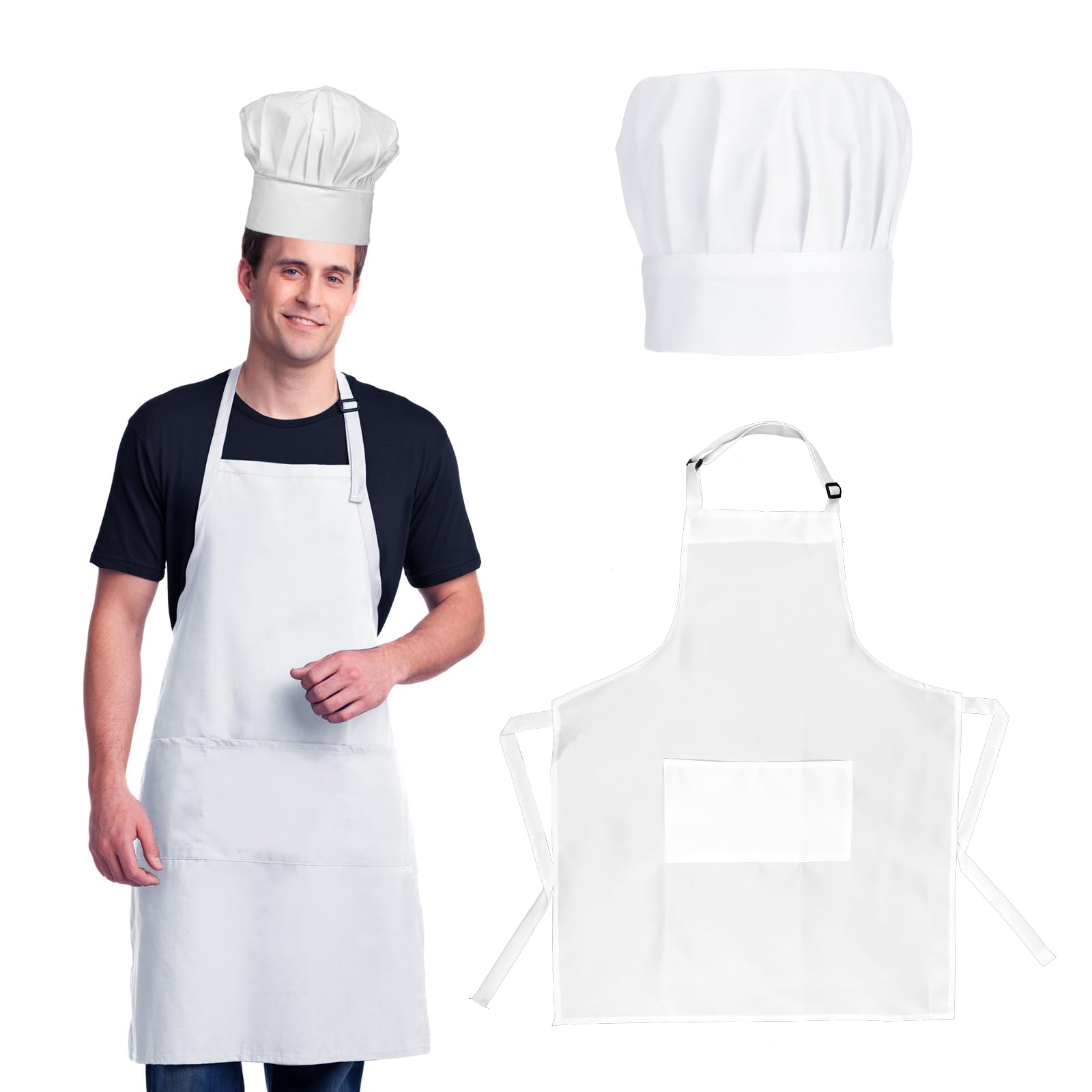 Hariendny Chef Apron Hat Set Cotton Kitchen Apron with 2 Pockets Adjustable White Baker Costume Adult Chef Hat Chef Apron for Men Women