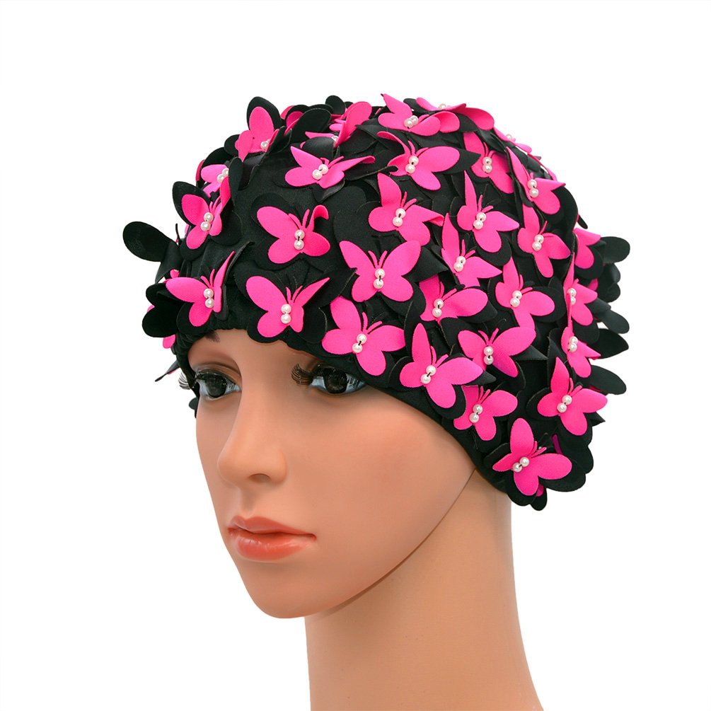 Medifier Vintage Swim cap Floral Petal Retro Style Bathing Caps for Women Rose Red