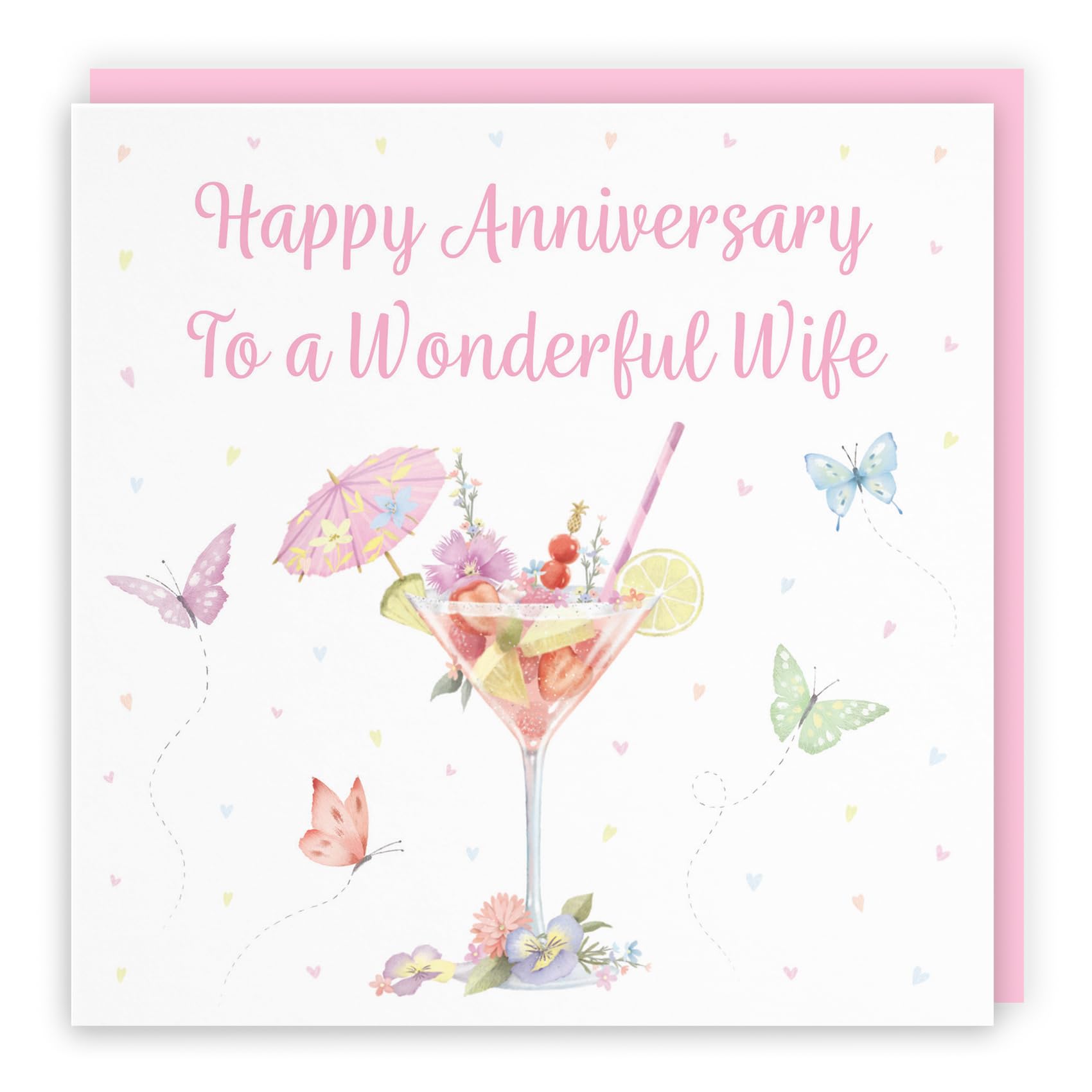 Hunts England - Pink Cocktail And Butterflies Anniversary Card For Wife - Milo's Gallery - Wife Anniversary Card