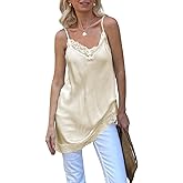 Womens Satin Lace Trim Cami Y2k Spaghetti Strap Silk Lace Tank Top Asymmetrical Flowy Silky Layering Camisole