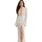 AIBEARTY Women's Sexy Mesh Sheer Floral Lace Maxi Dress Lace Up Front Long Sleeve High Slit Bodycon for Party Cocktail