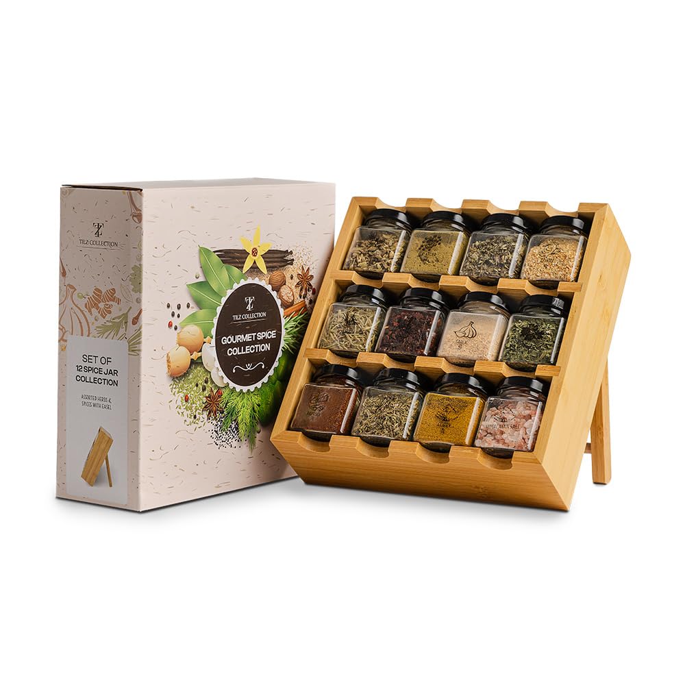 Spice Rack - 12 Herbs and Spices for Cooking, Spice Gift Set, Premium Wooden Spice Rack With Spices Included, Herbs, Spices & Seasonings |House Essentials For New Home |Space Saving, Spice Organiser