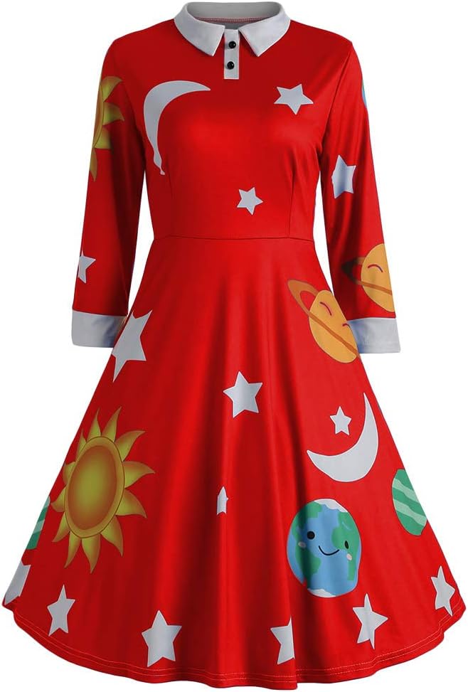 CHARMMA Women's Vintage Peter Pan Collar Planet Print A Line Flare Party Dress