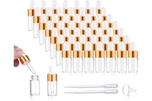 USROMMANER 50 Pack,3ml Clear Glass Dropper Vial for Essential Oils,Empty Mini Glass Eye Dropper Bottle With Golden Aluminum Lid,Pure Glass Pipette Travel Sample Test Liquid Container-Pipette&Funnel Included