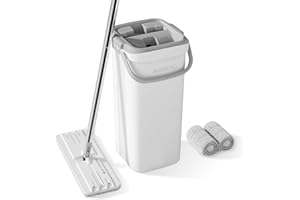 BOSHENG Mop and Bucket Set, Flat Mops for Floor Cleaning, Wall Mop with 60" Extensible Handle, Hardwood Floor Mop with 2 Microfiber Pads