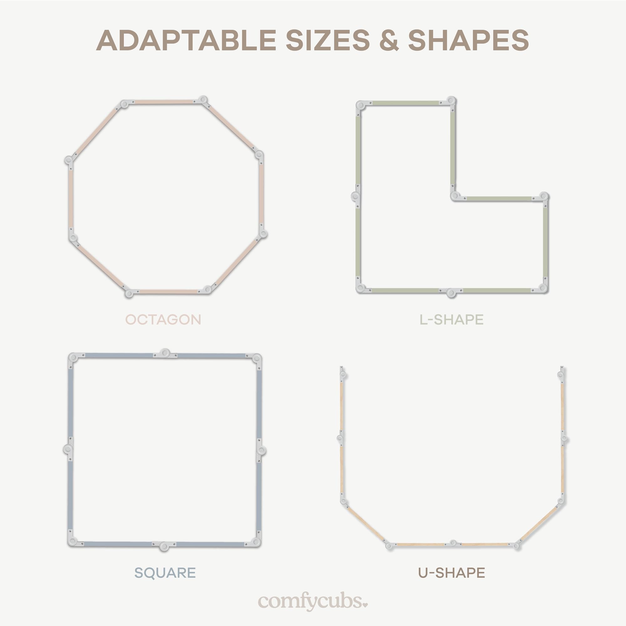 Comfy Cubs Baby Gate Playpen - 57 x 57 x 25 in, Extends Up to 228” - Pine Wood Foldable Playpen with Child-Proof Lock - Easy Assembly Baby Fence Play Area for Babies & Toddlers - Light Wood White