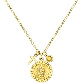 Gold Saint Christopher Medal Necklace – Patron Saint of Travelers – 14K Gold Filled Saint Christopher Pendant with Cross & Birthstone – Catholic Protection Jewelry, Personalized Travel Gift