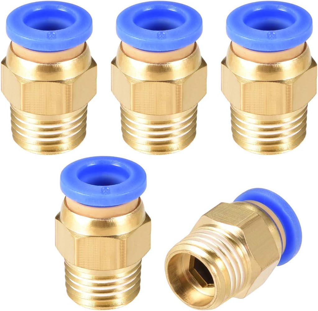 sourcing map Straight Pneumatic Push to Quick Connect Fittings 1/4" G Male x 8mm Tube OD 5pcs, Gold,blue, G1/4 x 8mm