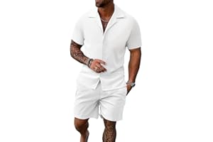 UOUA 2 Piece Short Sets for Men Summer Beach Outfits Stripe Texture Button Down Shirts & Shorts Casual Vacation Set
