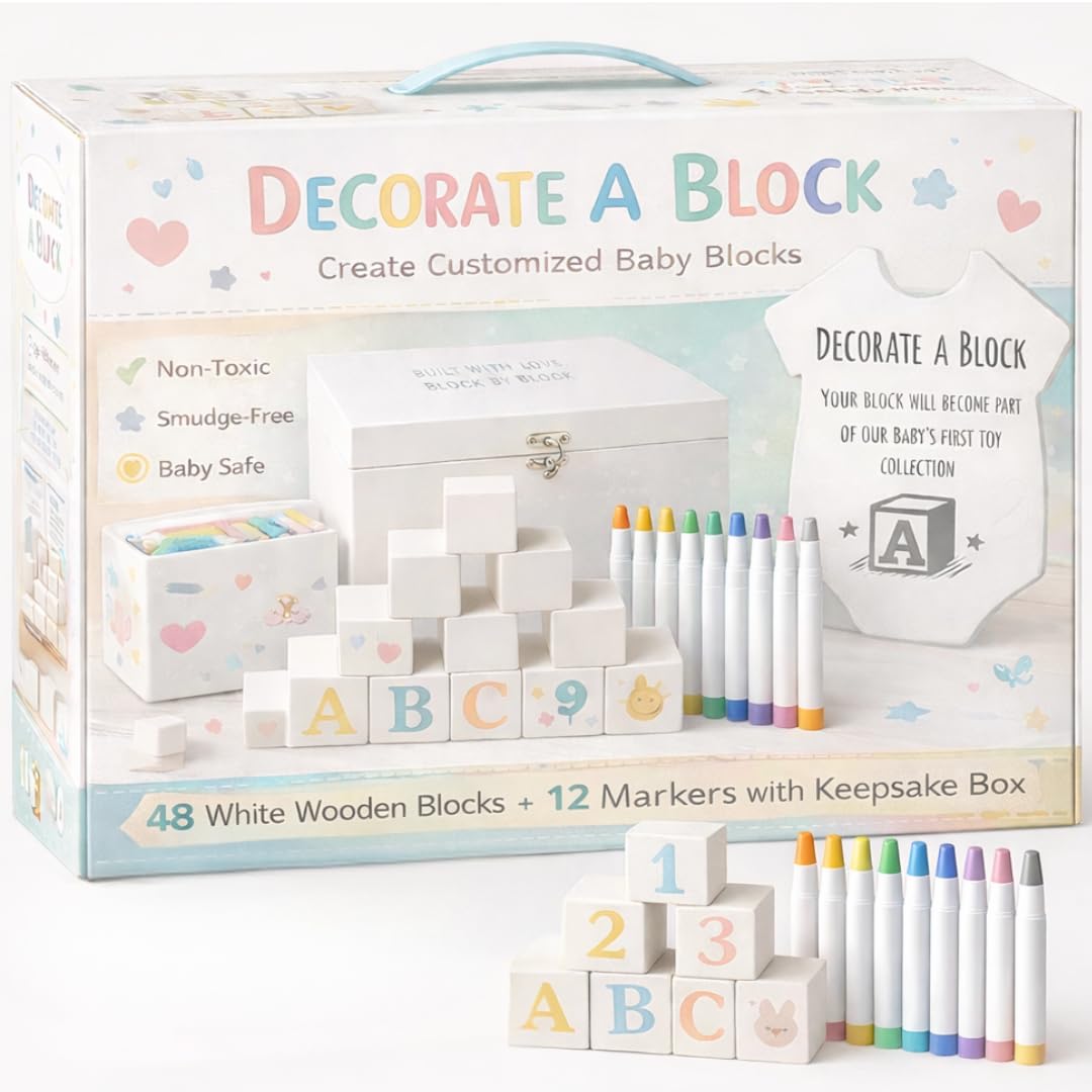 Nolia Baby Shower Blocks Decorating Game – 48 White Wooden Cubes to Decorate, Storage Box, 12 Acrylic Markers & Instruction Sign