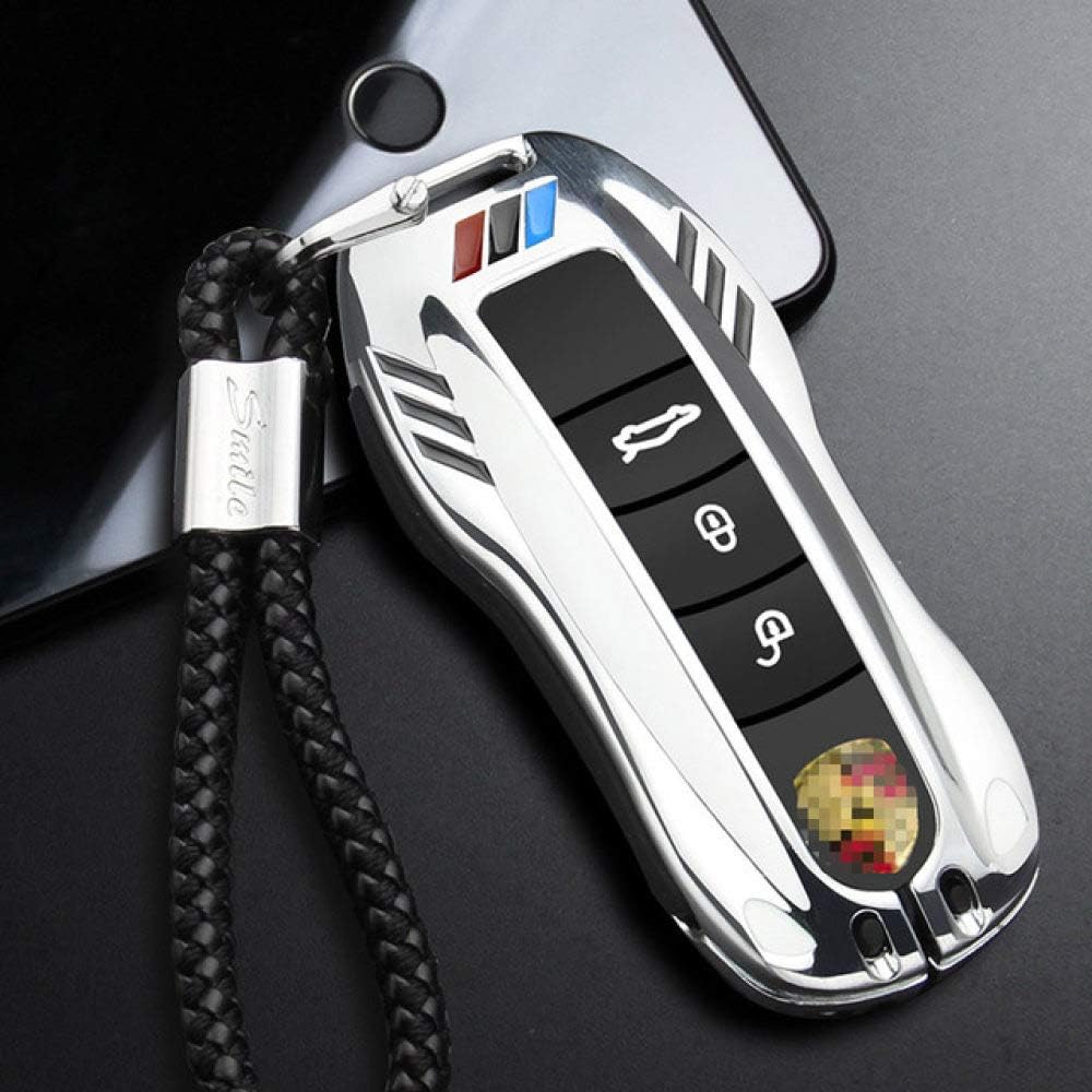 LAMWAN Car key cover- for zinc alloy car Key Case Shell fob Cover for Porsche Boxster Cayman 911 Panamera Cayenne Macan gift for man with key chain,silver rope set