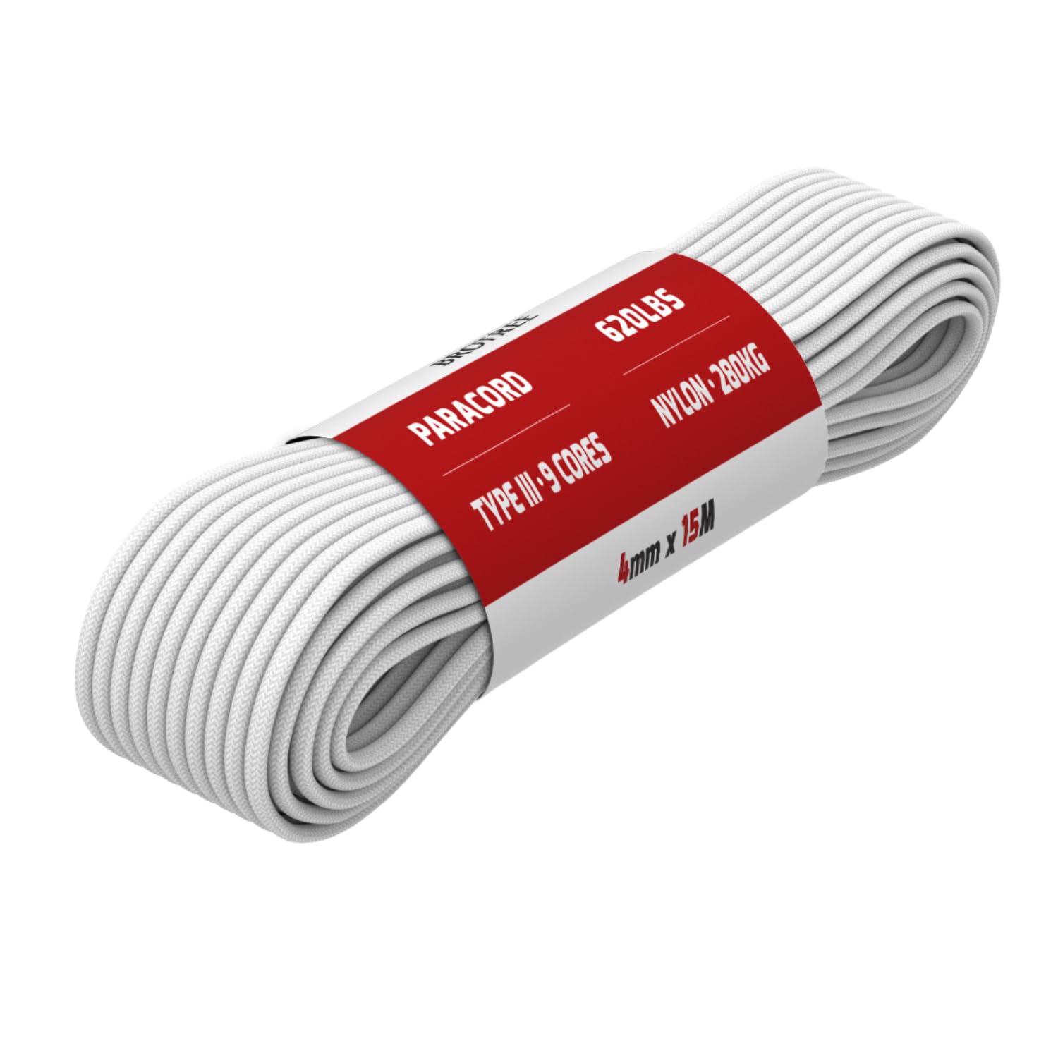 Brotree Paracord 4mm 15M 9 Strands 100% Nylon Rope Type 3 Parachute Cord for Outdoor, Bracelet, DIY - 280kg Breaking Load (White)