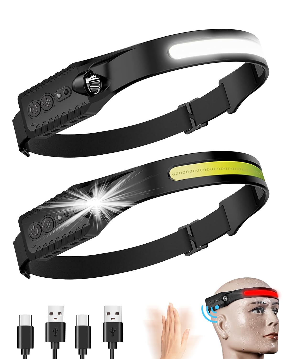 Coyonce 2 Packs Head Torch Rechargeable, Lightweight Headlamp Wide Beam Head Torches LED Super Bright Rechargeable 7 Modes Motion Sensor 230° Adjustable IPX4 Waterproof Headlight for Camping Running