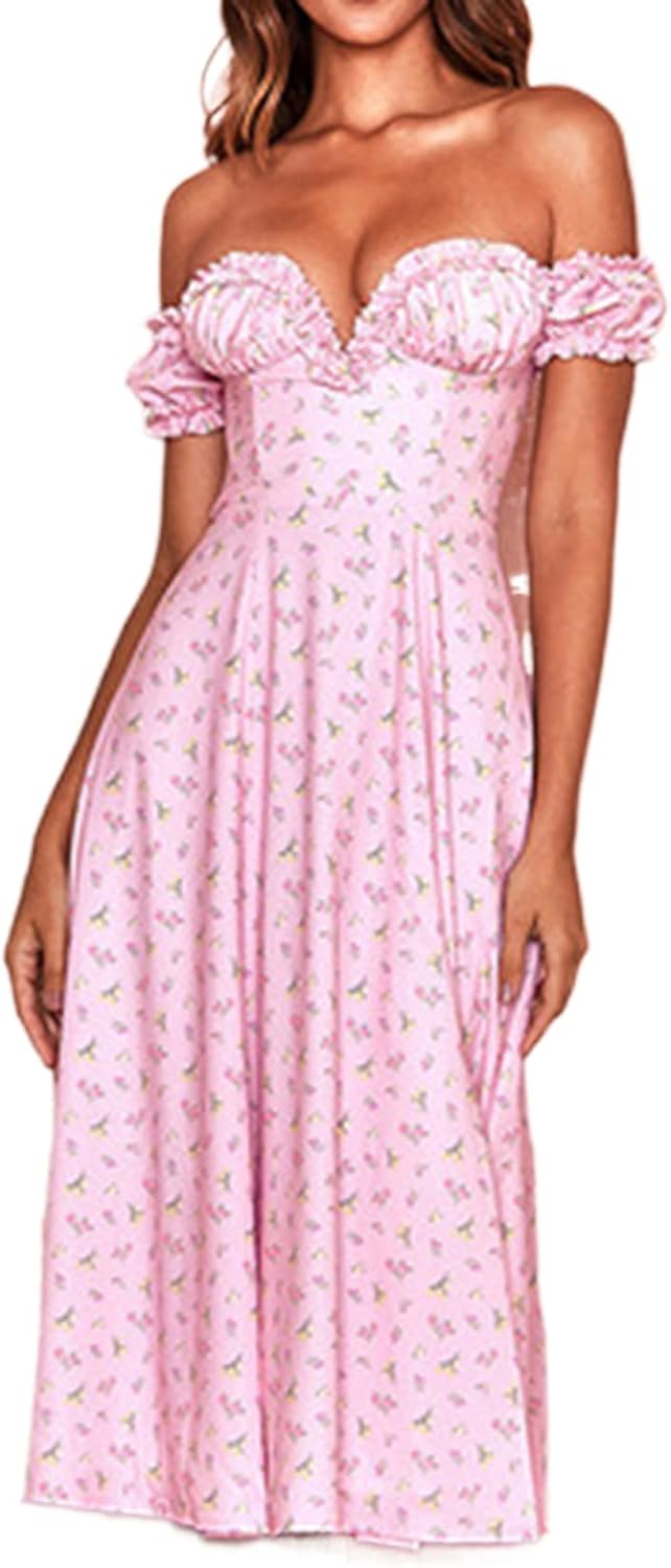 Amazon.com: Womens Elegant Long Dress Puff Sleeve Off Shoulder Cottagecore Dress Summer Floral 