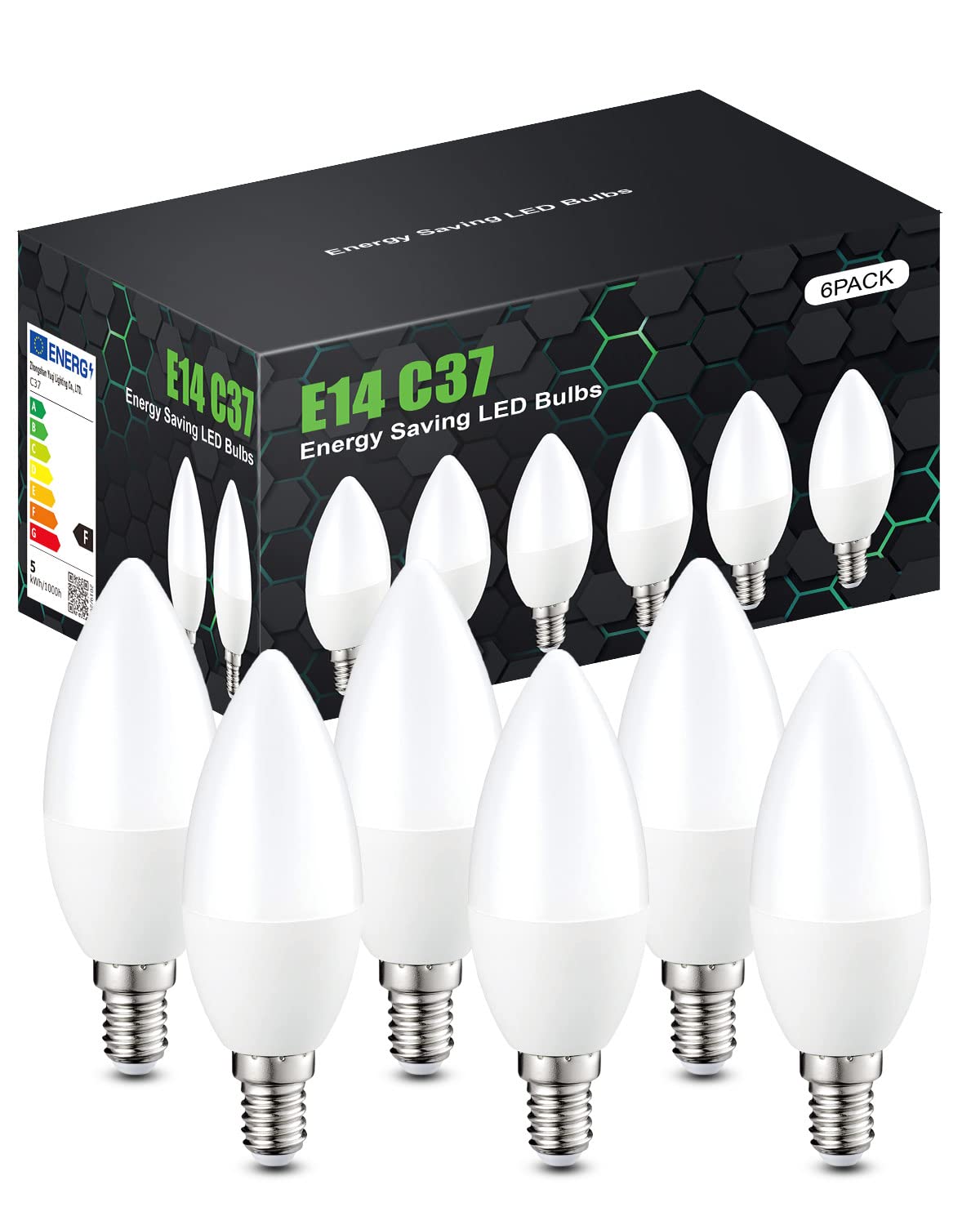 tuare E14 LED Light Bulb, 5W 400 Lumens E14 LED Light Bulb Cool White 6000K, 40W Equivalent SES Small Edison Screw Light Bulbs, CRI 80 Candle Bulb, Non Dimmable - Pack of 6