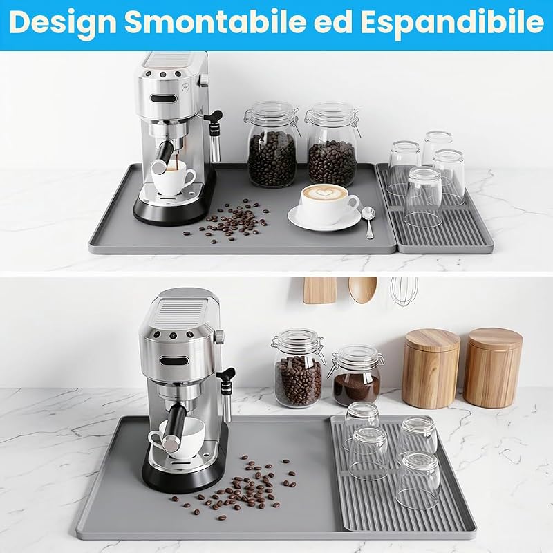 60 x 40 cm Tappetino Macchina Caffe, 2 in 1 Set di Tappetini da Caffè, assorbente, Ad asciugatura rapida, Tappetino Scolapiatti in Silicone Staccabile(Grigio) — foto 6 di 8