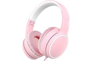 RORSOU R10 Over-Ear Headphones with Microphone, Lightweight Folding Stereo Bass Headset with 1.5M No-Tangle Cord, Portable Wired Headphones for Smartphone Tablet Computer MP3 / 4 (Pink)