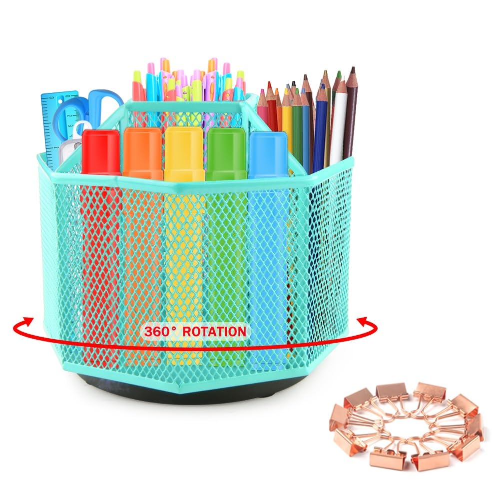 Rotating Pencil Holder - Pen Holder for Desk - 360 Degree Rotating Pen Caddy Holders Desk Organizer with 5 Compartments - Mesh Desktop Stationary Organizer with 10 Clips (Green - 5 Compartments)