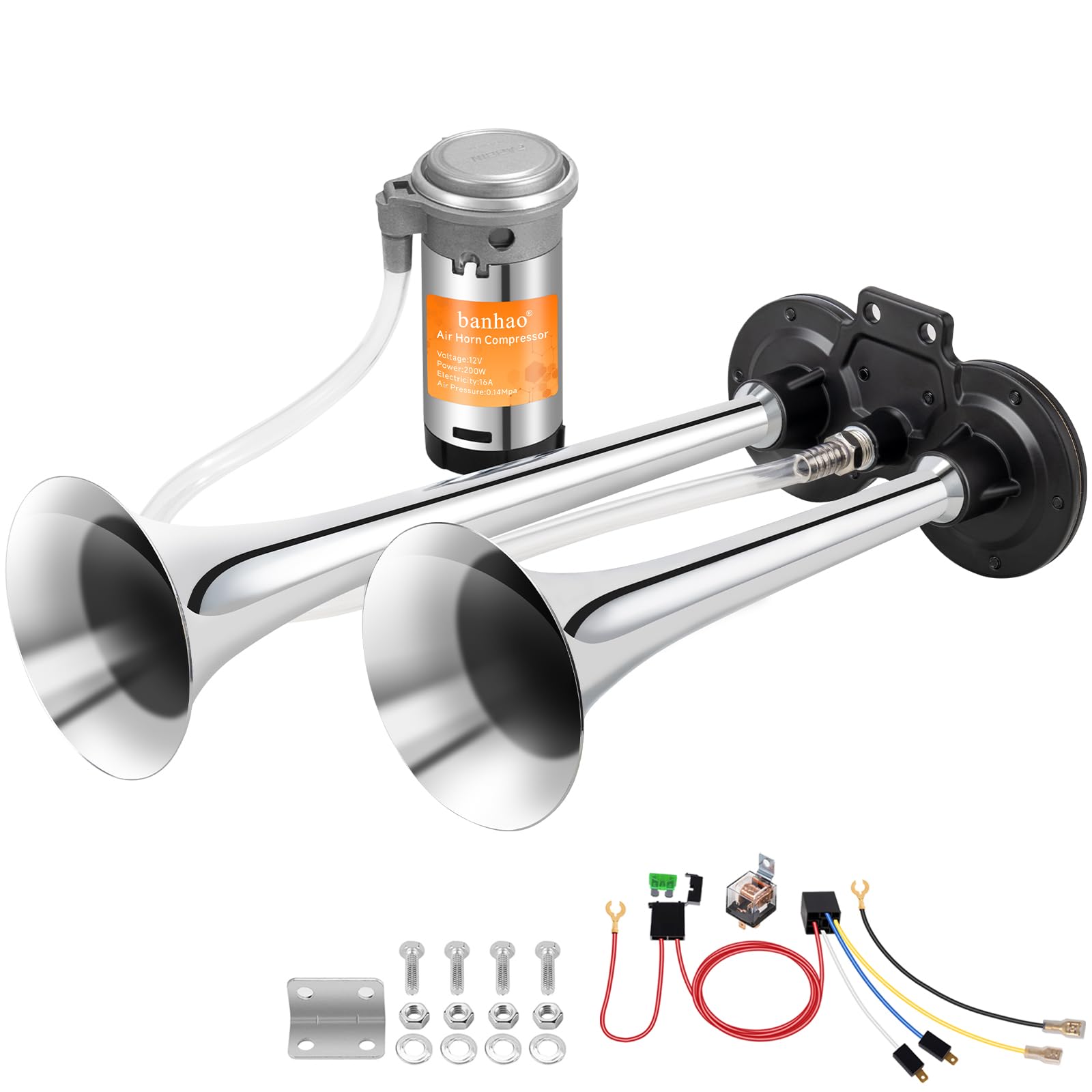 150DB Air Train Horn kit for Car, Banhao Super Loud Twin Tone Chrome Plated Zinc Dual Trumpet with Compressor for Any 12V Trucks Lorrys Trains Vans Boats (Chrome)