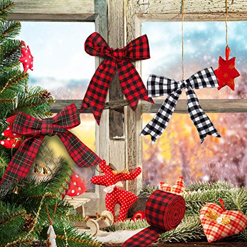 WAVEYU Buffalo Check Plaid Wired Ribbon Gingham Ribbon 2" Wide 236'' Length for Christmas Tree,Wreath Bows,Festive Farmhouse Decoration,Gift Wrapping Crafts,Floral Arrangement,Black and White