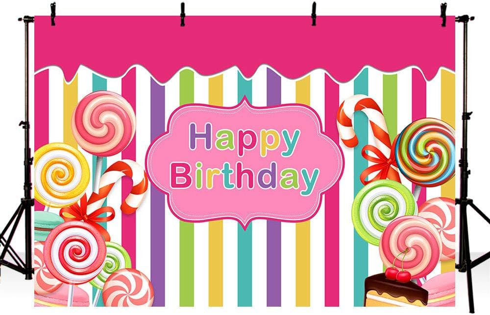 MEHOFOTOCandyland Themed Pink Photo Studio Background Girl Happy Birthday Princess Colorful Stripes Candy Cake Party Decorations Banner Photography Backdrops for Dessert Table 7x5ft