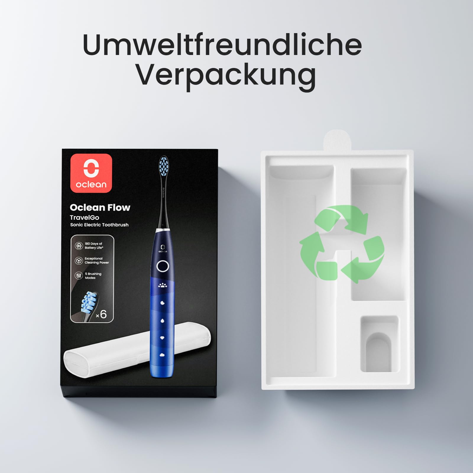 Oclean Elektrische Zahnbürste TravelGo Flow Gift Set, 180 Tage Akkulaufzeit Schallzahnbürste mit Reiseetui, 5 Modi Electric Toothbrush mit 6 Bürstenköpfen für Zahnreinigung, Zahnbürste mit USB, Blau 7