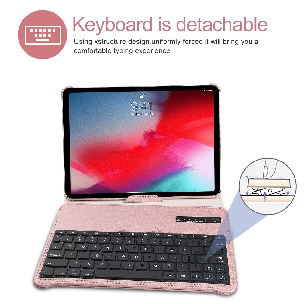 Keyboard Case iPad Pro 11 inch (A1980, A2013, A1934) [Support Apple Pencil Charging], 360 Rotating, Detachable Keyboard, PU Leather Stand, iPad Pro 11 Keyboard Case, (Rose Gold, 11 inch)
