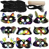 Supla 27 Set Magic Scratch Art Rainbow Scratch Paper Animal Masks Owl Rabbit Tiger Wolf Bear Squirrel Fox Bear Elephant Cutouts Face Masks with Holes with Elastic Cords Scratching Tool for Kids Jungle Forest Animal Birthday Party