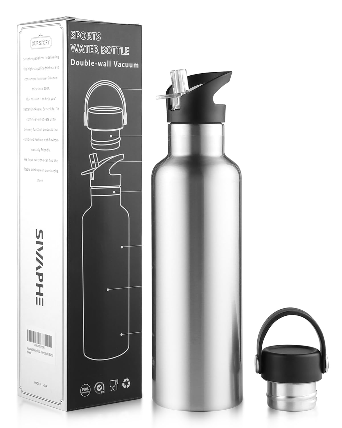 Sivaphe Water Bottle Insulated Bottle Drink Flasks Leak-Proof for Sports Outdoor Stainless Steel, Double Walled Vacuum with Lids and Straw 750ml Steel