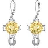 YONFQE Sunflower Earrings S925 Sterling Silver Cross Sunflower Dangle Drop Earring Flowers Crucifix Jewelry Gifts for Women